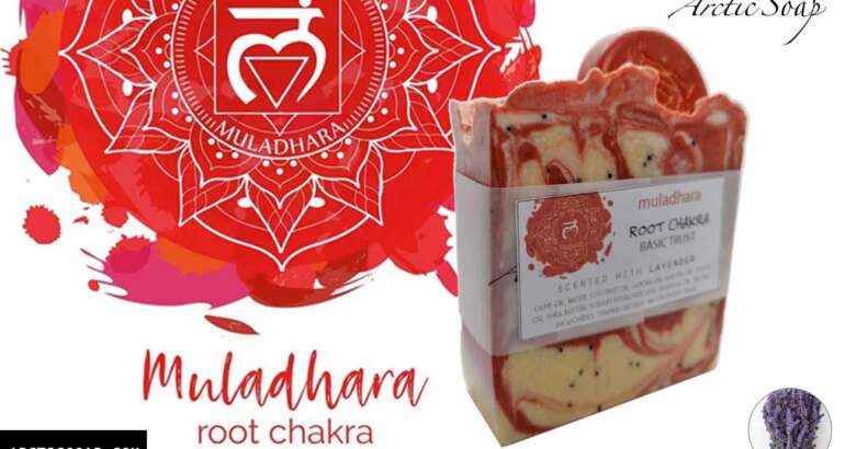 A deep red, earthy-toned Root Chakra soap bar, with the Root Chakra symbol a four-petaled lotus