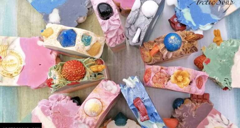 Assortment of large, handmade Arctic Soap bars, showcasing their natural texture